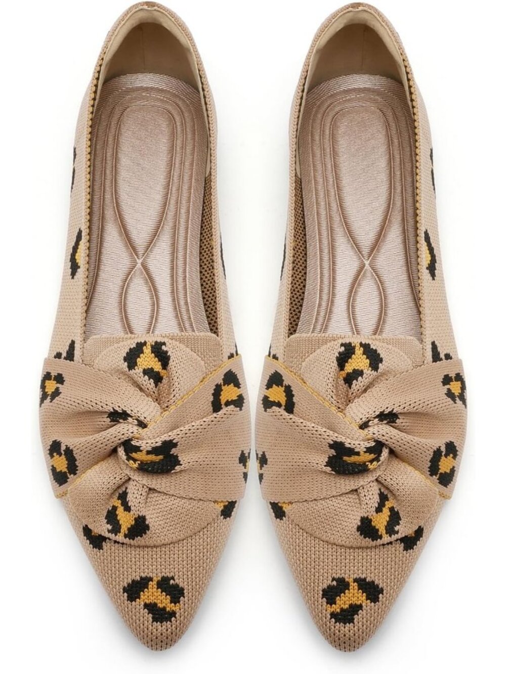 Womens Leopard Pointed Toe Bow Comfortable Knit Dressy Pull On Ballet Flat Shoes
